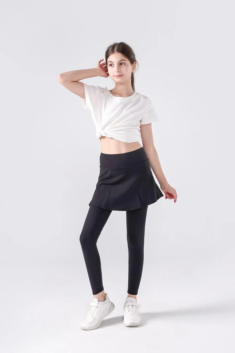 2 in 1 Girls Leggings with Skirt High Waisted Tennis Athletic Flowy Skirted Legging with Pockets for Kid