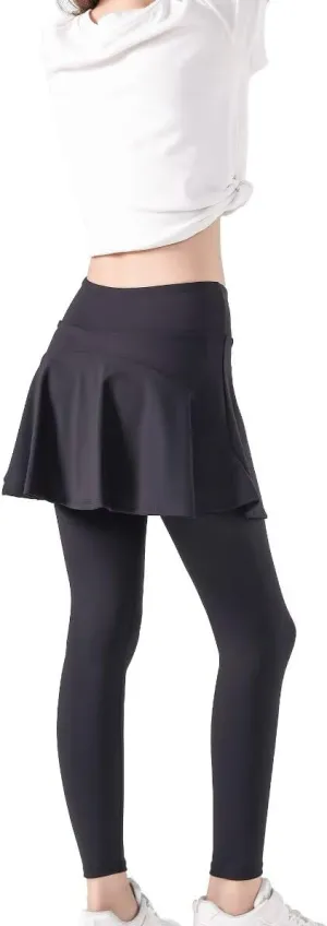 2 in 1 Girls Leggings with Skirt High Waisted Tennis Athletic Flowy Skirted Legging with Pockets for Kid