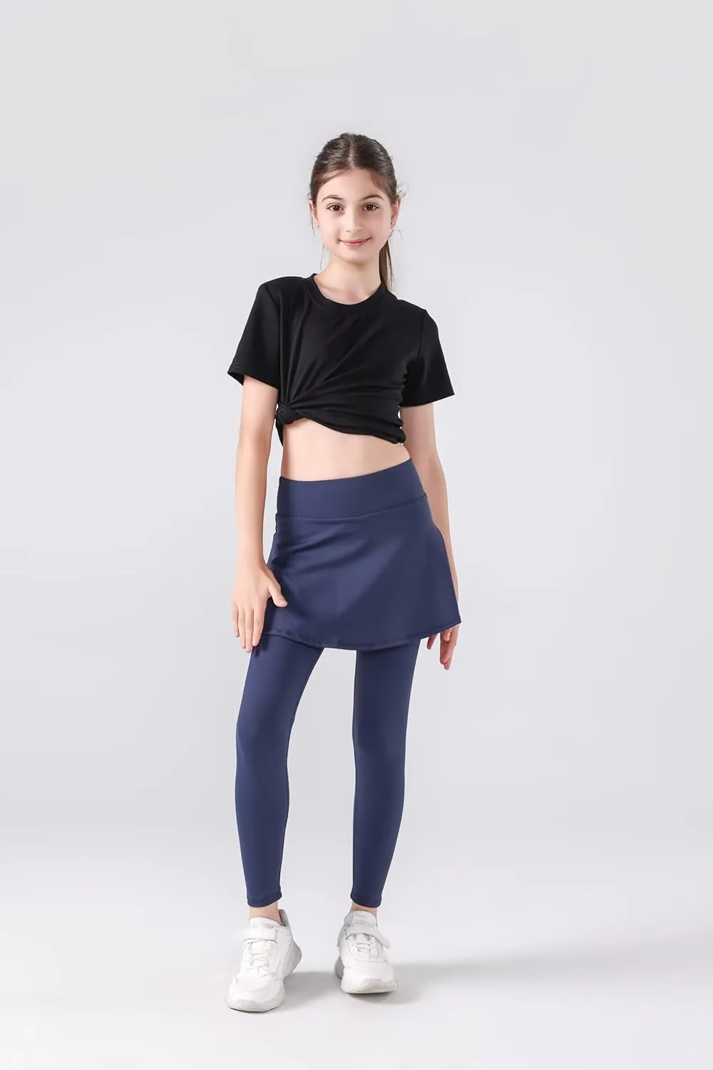 2 in 1 Girls Leggings with Skirt High Waisted Tennis Athletic Flowy Skirted Legging with Pockets for Kid