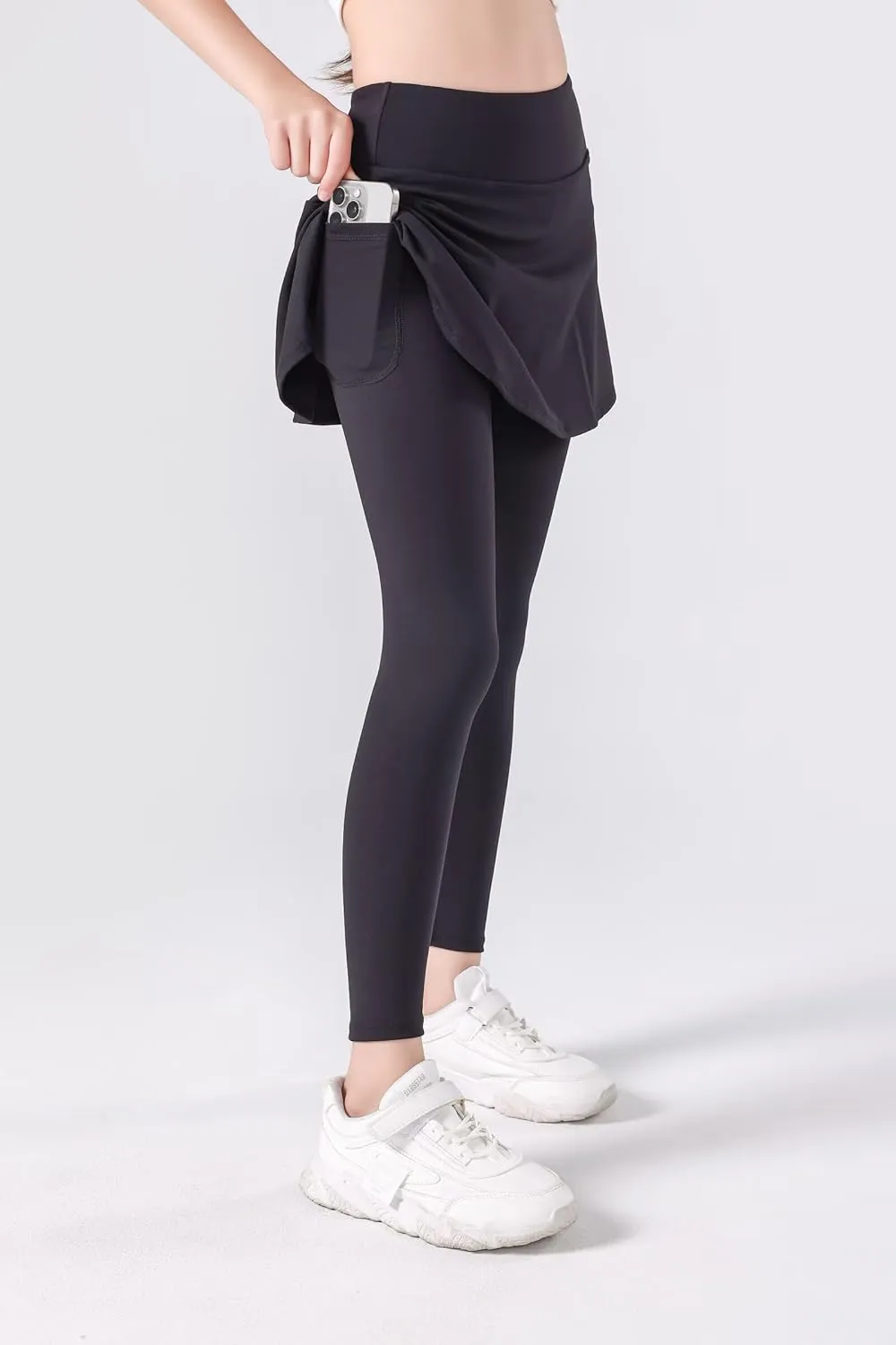 2 in 1 Girls Leggings with Skirt High Waisted Tennis Athletic Flowy Skirted Legging with Pockets for Kid