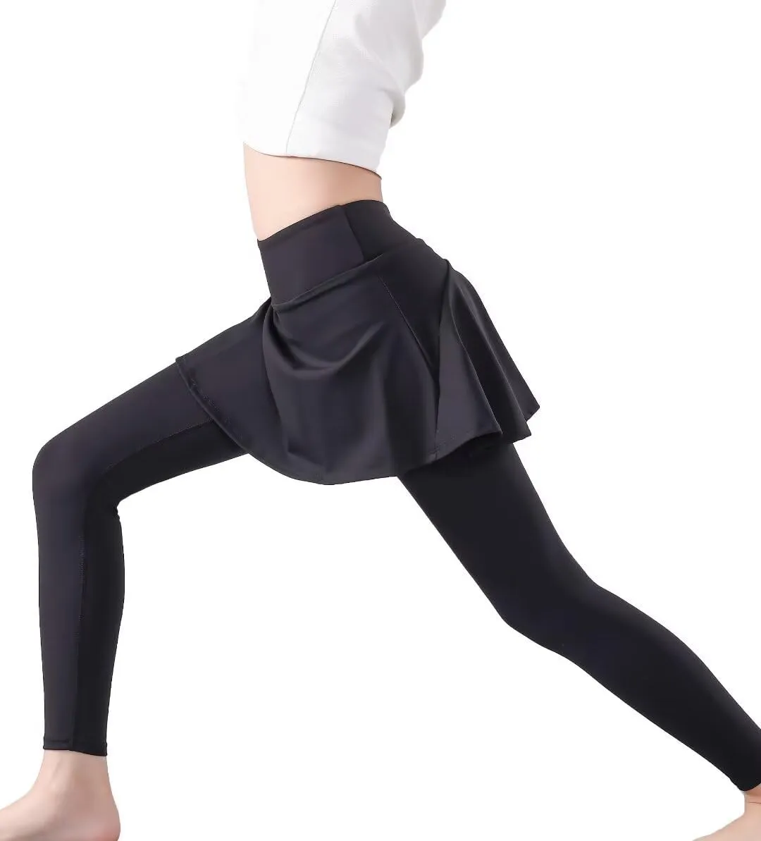 2 in 1 Girls Leggings with Skirt High Waisted Tennis Athletic Flowy Skirted Legging with Pockets for Kid