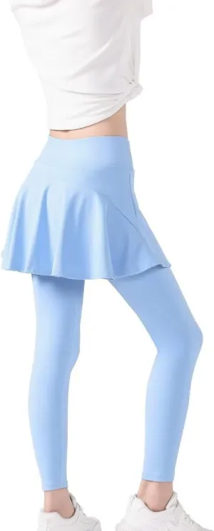 2 in 1 Girls Leggings with Skirt High Waisted Tennis Athletic Flowy Skirted Legging with Pockets for Kid