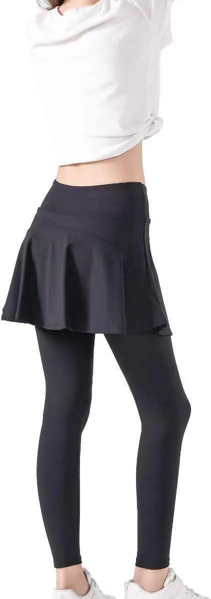 2 in 1 Girls Leggings with Skirt High Waisted Tennis Athletic Flowy Skirted Legging with Pockets for Kid