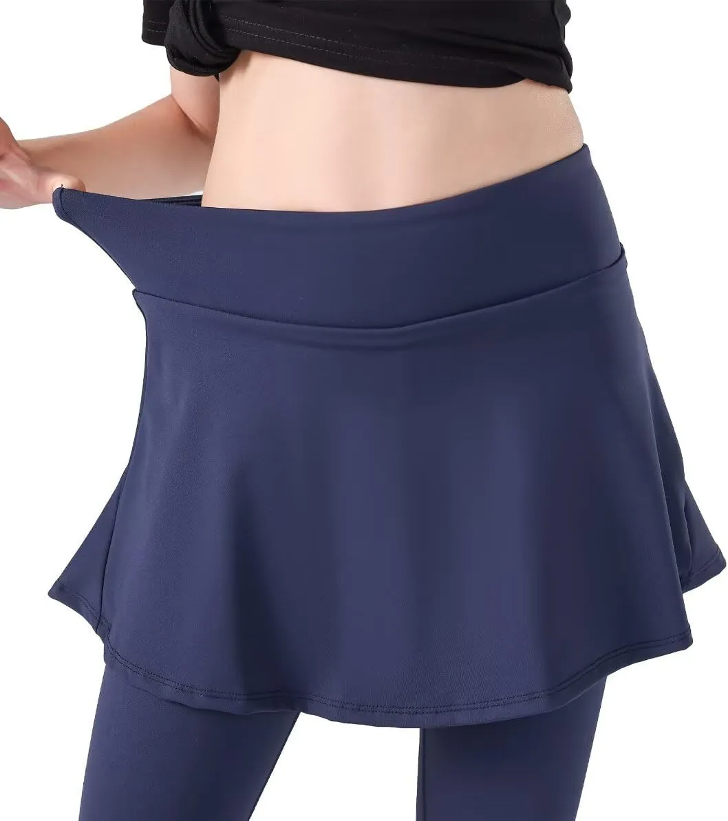 2 in 1 Girls Leggings with Skirt High Waisted Tennis Athletic Flowy Skirted Legging with Pockets for Kid