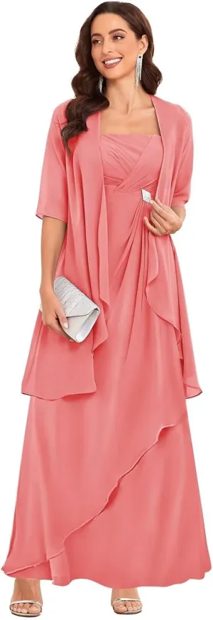 2 Pieces Mother of The Bride Dresses for Wedding Half Sleeve Chiffon Formal Evening Gowns with Jacket