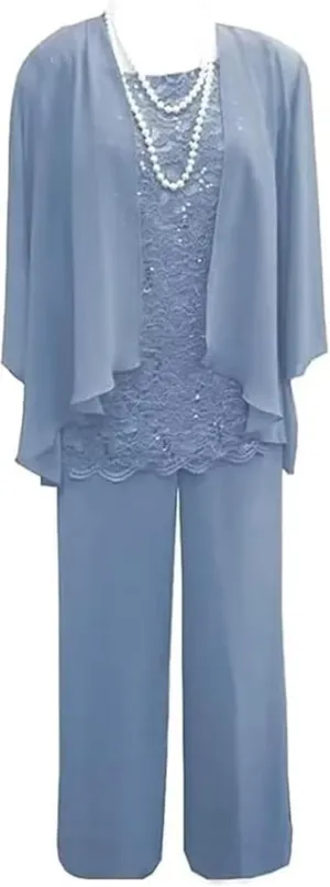 3 Pieces Chiffon Mother of The Bride Pant Suits for Wedding with Jacket Long Sleeve Wedding Guest Outfit