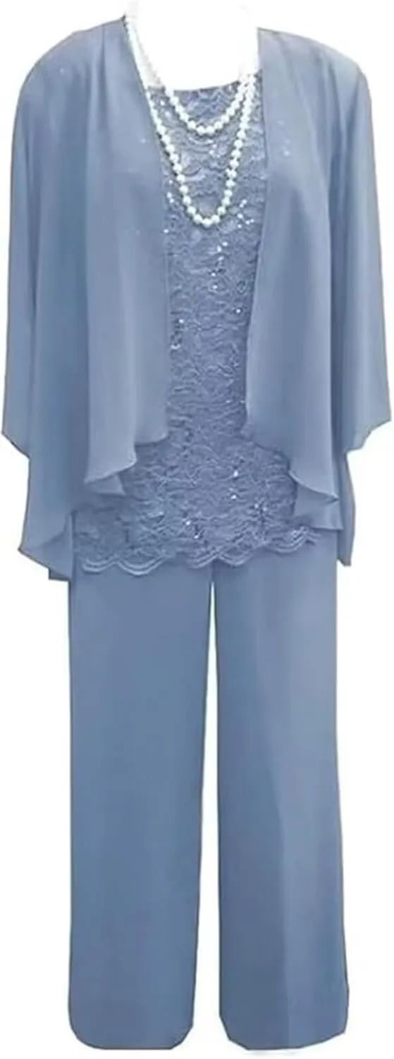 3 Pieces Chiffon Mother of The Bride Pant Suits for Wedding with Jacket Long Sleeve Wedding Guest Outfit