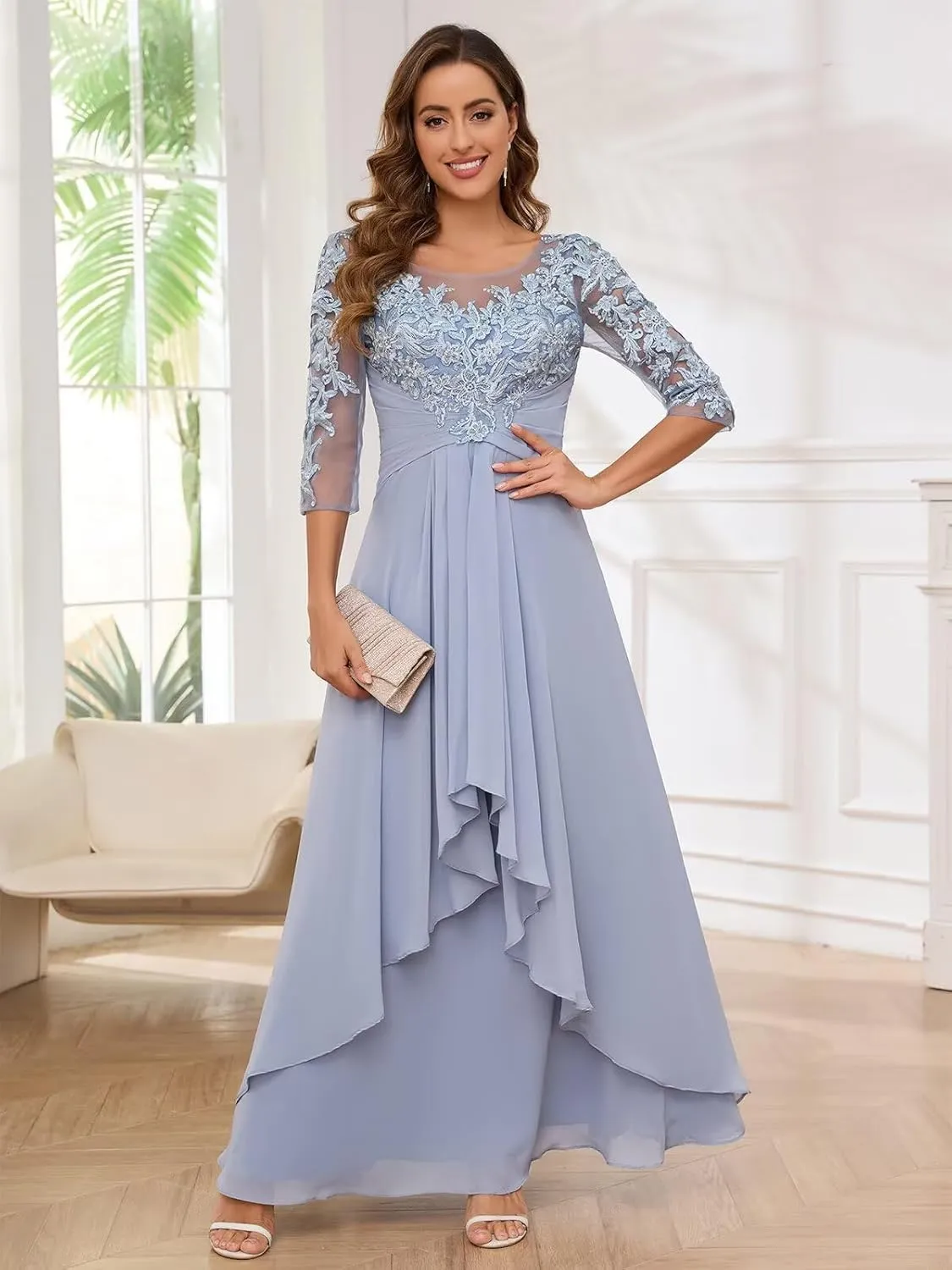 3/4 Sleeves Mother of The Bride Dresses for Wedding Chiffon Lace Appliques Ruched Ruffle Formal Evening Gowns