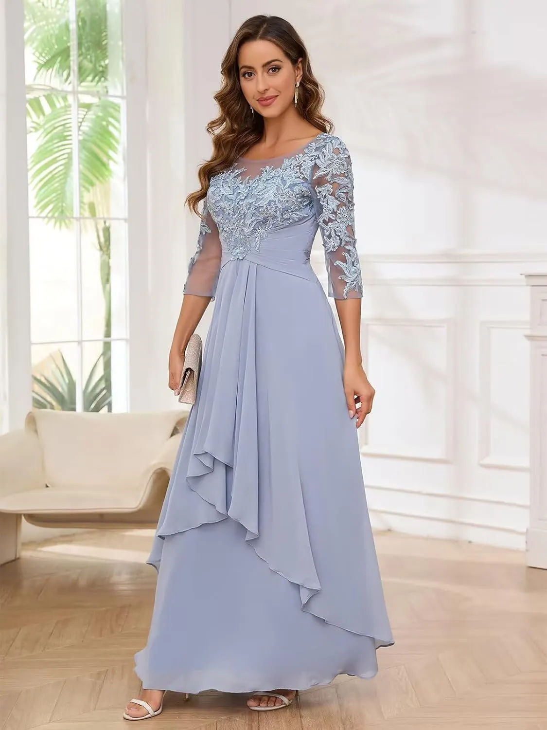 3/4 Sleeves Mother of The Bride Dresses for Wedding Chiffon Lace Appliques Ruched Ruffle Formal Evening Gowns