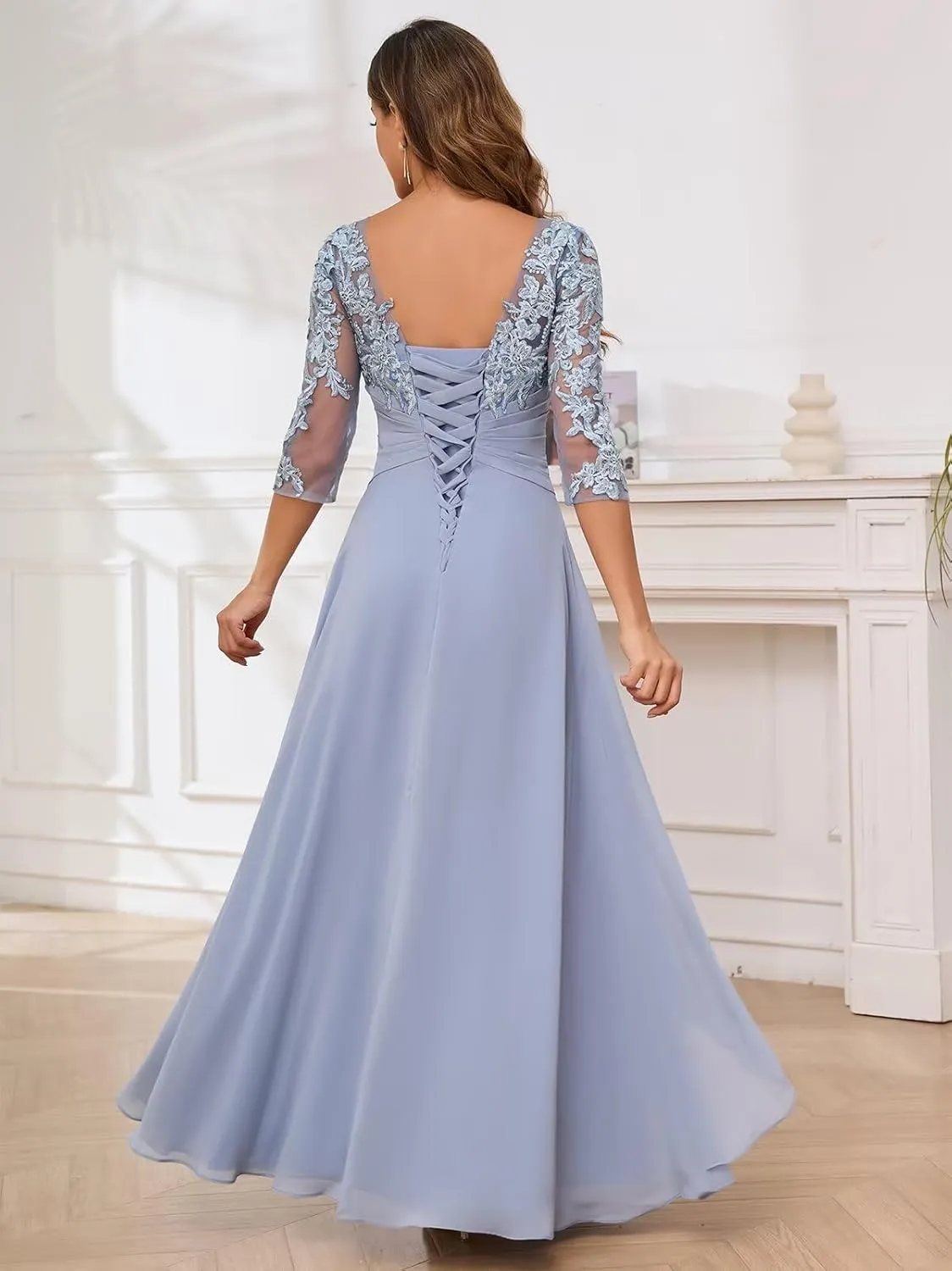 3/4 Sleeves Mother of The Bride Dresses for Wedding Chiffon Lace Appliques Ruched Ruffle Formal Evening Gowns