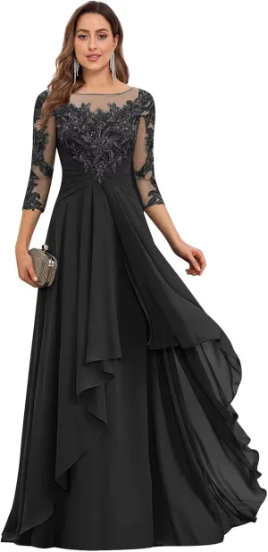 3/4 Sleeves Mother of The Bride Dresses for Wedding Chiffon Lace Appliques Ruched Ruffle Formal Evening Gowns
