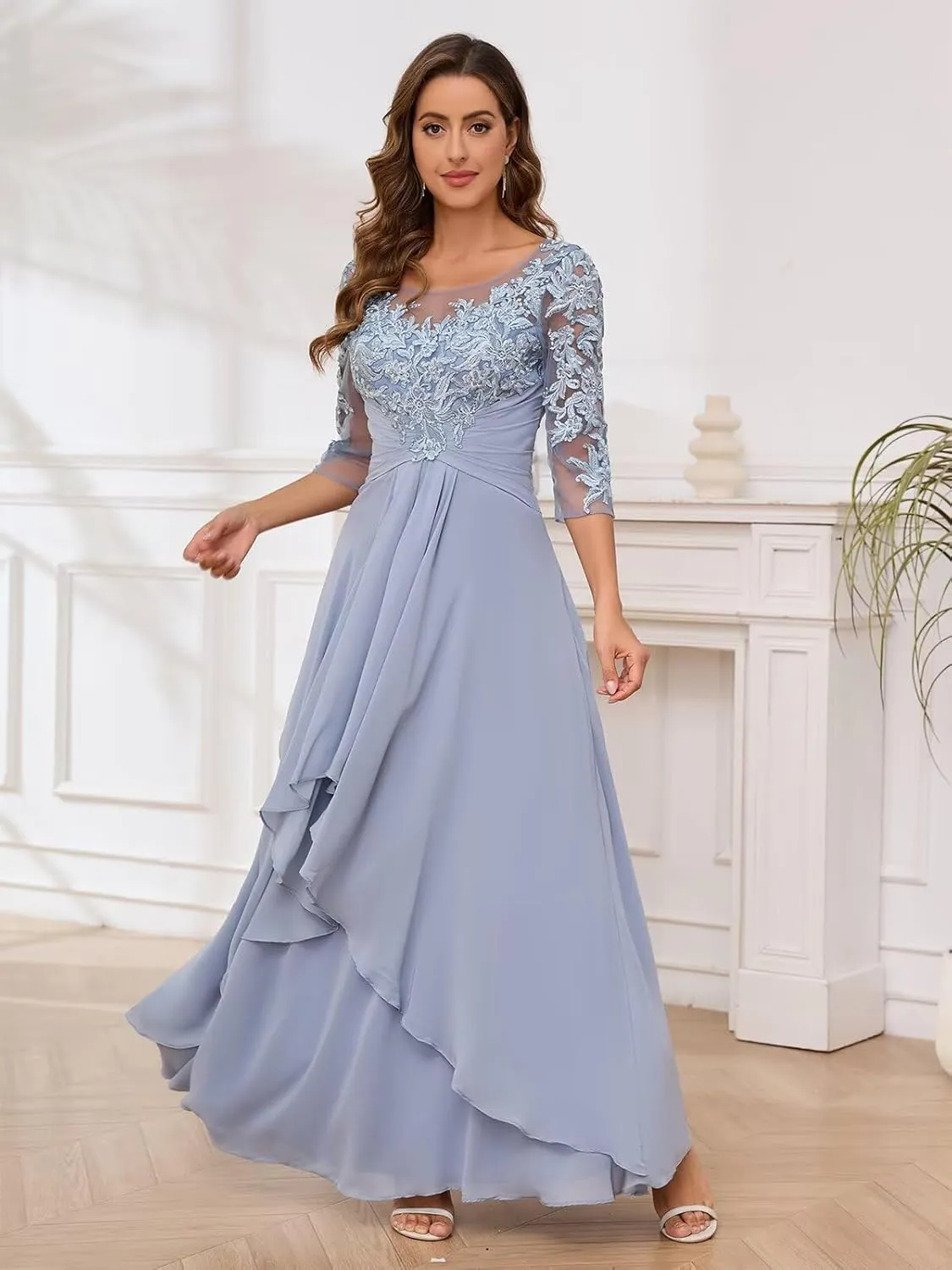 3/4 Sleeves Mother of The Bride Dresses for Wedding Chiffon Lace Appliques Ruched Ruffle Formal Evening Gowns