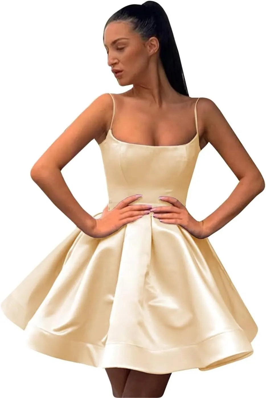 A-line Satin Homecoming Dress Spaghetti Straps for Women, Short Square Neck Cocktail Dress Sleeveless Prom Dress