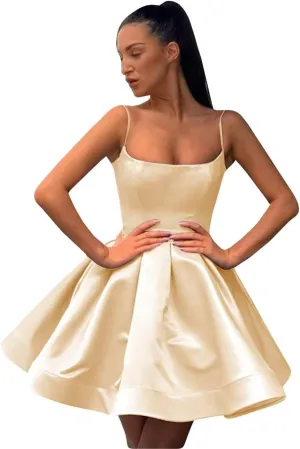 A-line Satin Homecoming Dress Spaghetti Straps for Women, Short Square Neck Cocktail Dress Sleeveless Prom Dress