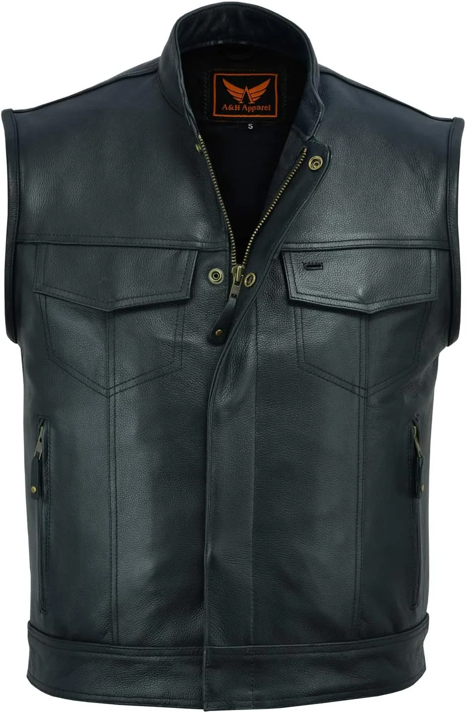 A&H Apparel Mens Genuine Cowhide Leather Biker Vest Motorcycle Gear Concealed Carry Pockets Sleeveless Motorwear