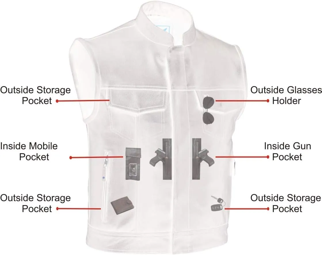 A&H Apparel Mens Genuine Cowhide Leather Biker Vest Motorcycle Gear Concealed Carry Pockets Sleeveless Motorwear