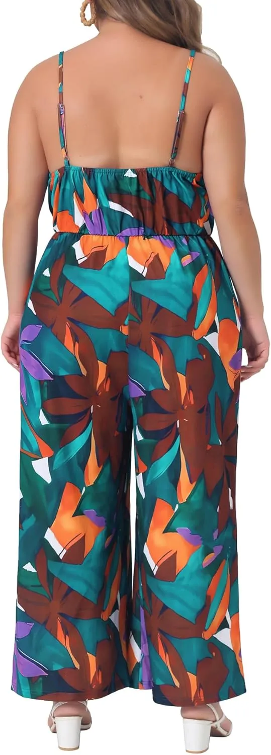 Agnes Orinda Plus Size Jumpsuits for Women Sleeveless Adjustable Spaghetti Strap Stretchy Long Pant Romper Jumpsuit