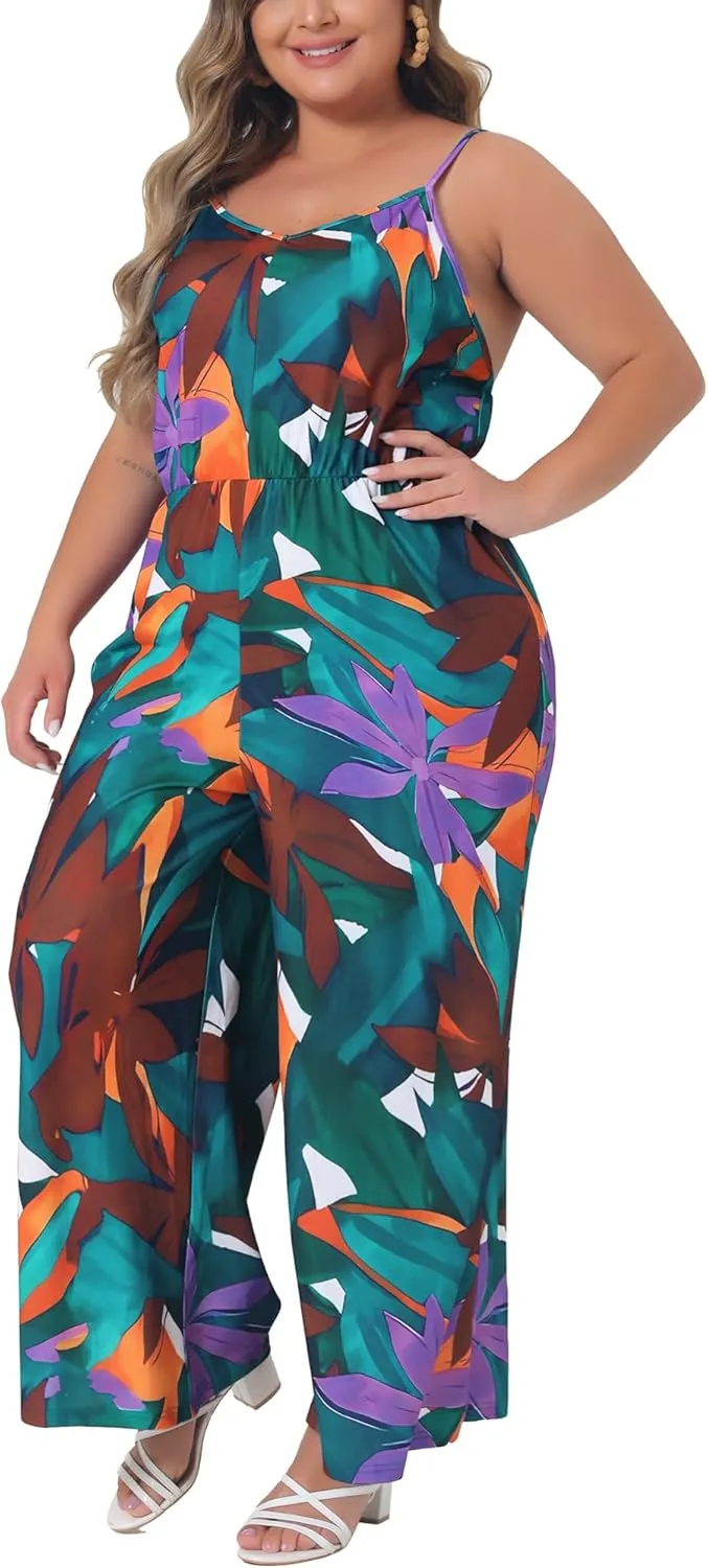 Agnes Orinda Plus Size Jumpsuits for Women Sleeveless Adjustable Spaghetti Strap Stretchy Long Pant Romper Jumpsuit