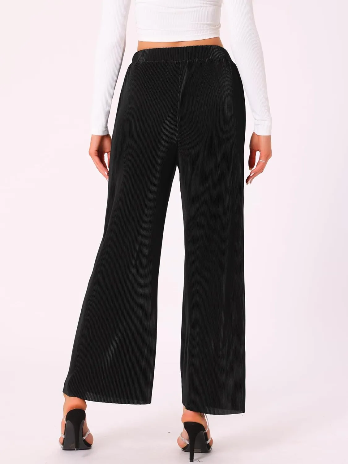 Allegra K Wide Leg Pants for Women's Pleated Shiny High Waist Elastic Casual Outfit Party Trousers