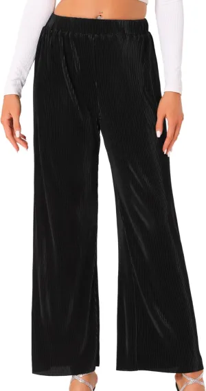 Allegra K Wide Leg Pants for Women's Pleated Shiny High Waist Elastic Casual Outfit Party Trousers