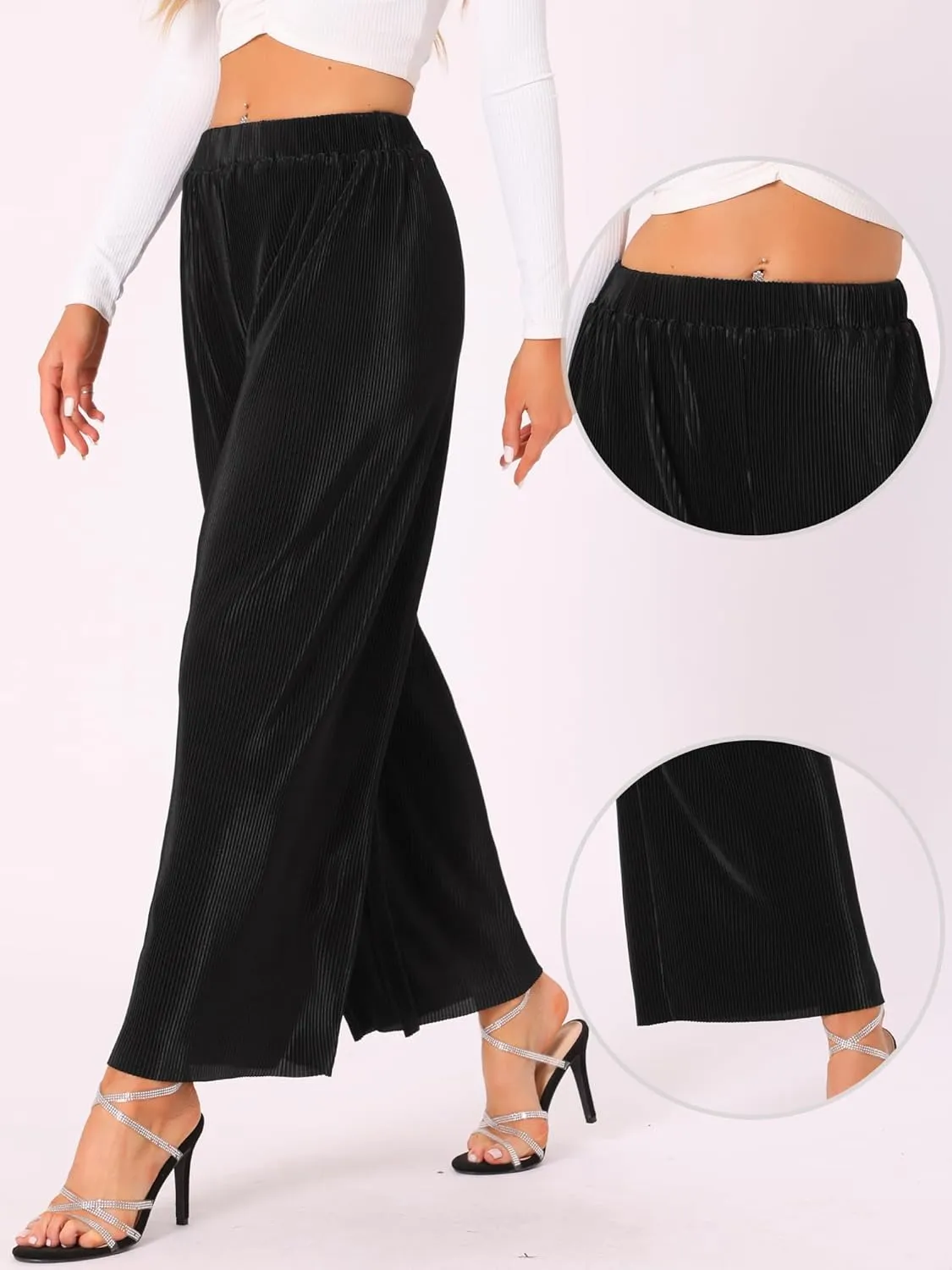 Allegra K Wide Leg Pants for Women's Pleated Shiny High Waist Elastic Casual Outfit Party Trousers