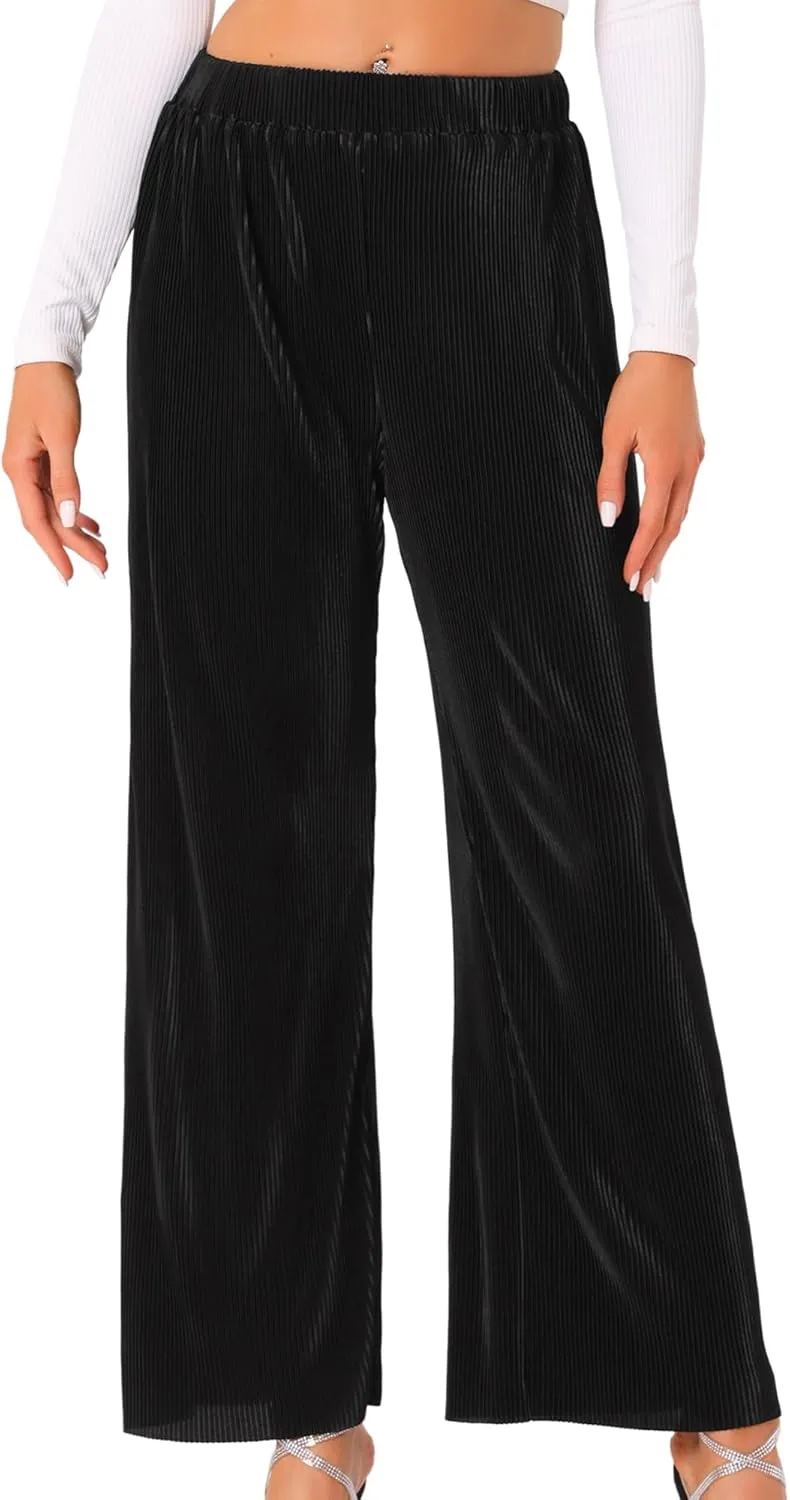 Allegra K Wide Leg Pants for Women's Pleated Shiny High Waist Elastic Casual Outfit Party Trousers