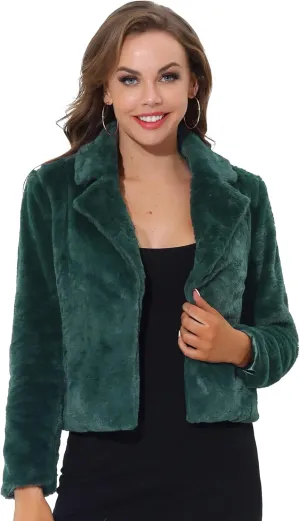 Allegra K Women's Cropped Faux Fur Jacket Lapel Cardigan Shrug 2024 Winter Fluffy Faux Fur Coat