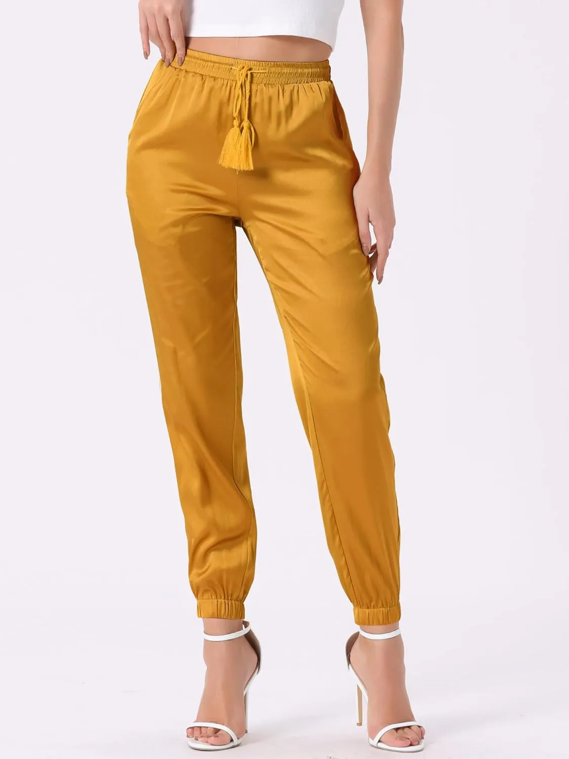Allegra K Women's Drawstring Elastic Waist Athleisure Pants Casual Ankle Length Satin Joggers with Pocket