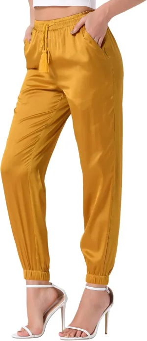 Allegra K Women's Drawstring Elastic Waist Athleisure Pants Casual Ankle Length Satin Joggers with Pocket