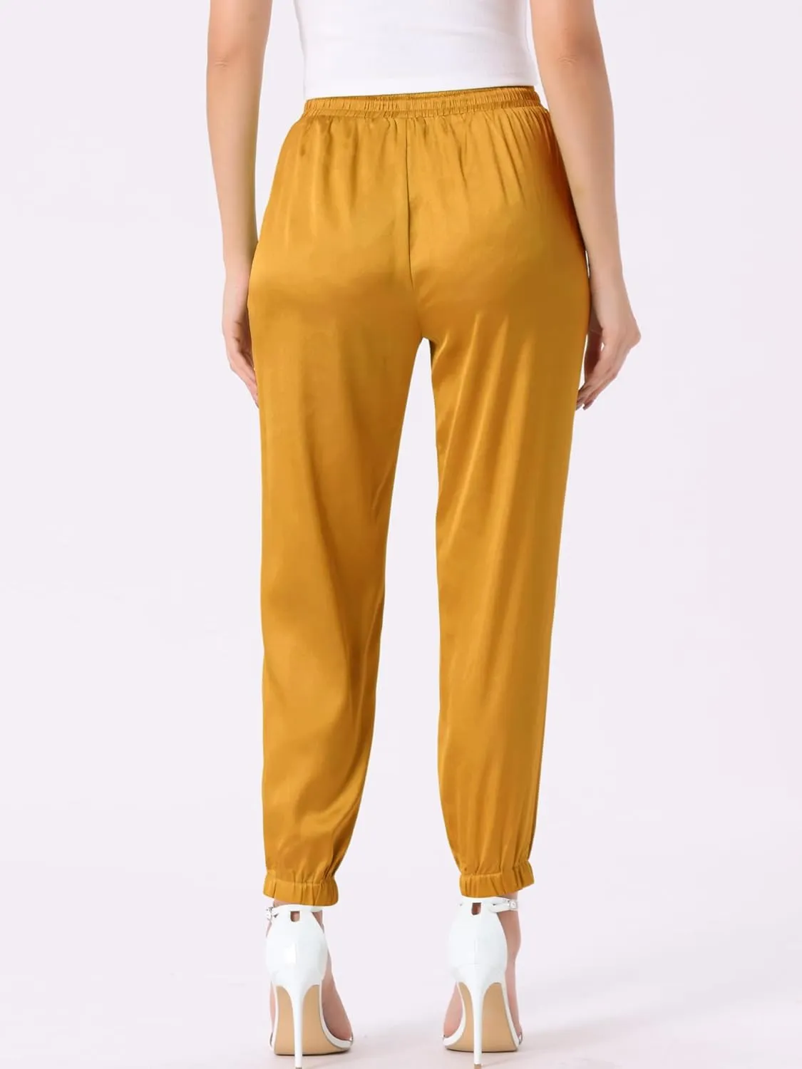 Allegra K Women's Drawstring Elastic Waist Athleisure Pants Casual Ankle Length Satin Joggers with Pocket