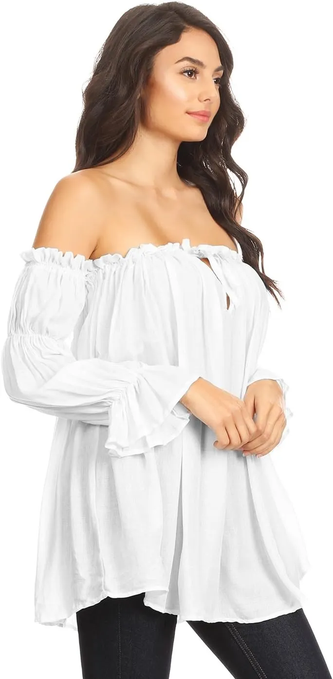 Anna-Kaci Womens Semi Sheer Boho Peasant Long Sleeve Off The Shoulder Top