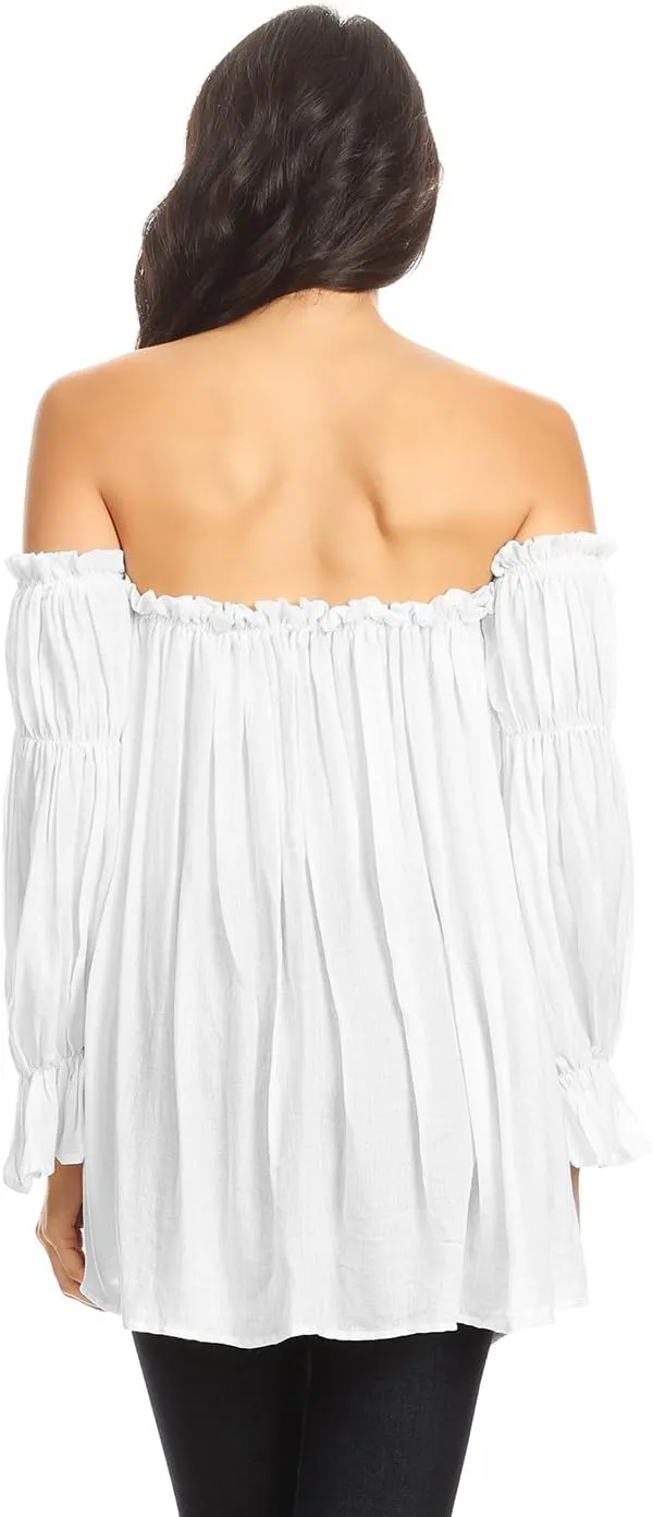 Anna-Kaci Womens Semi Sheer Boho Peasant Long Sleeve Off The Shoulder Top