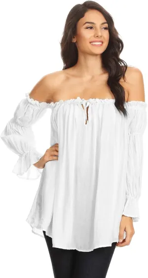 Anna-Kaci Womens Semi Sheer Boho Peasant Long Sleeve Off The Shoulder Top