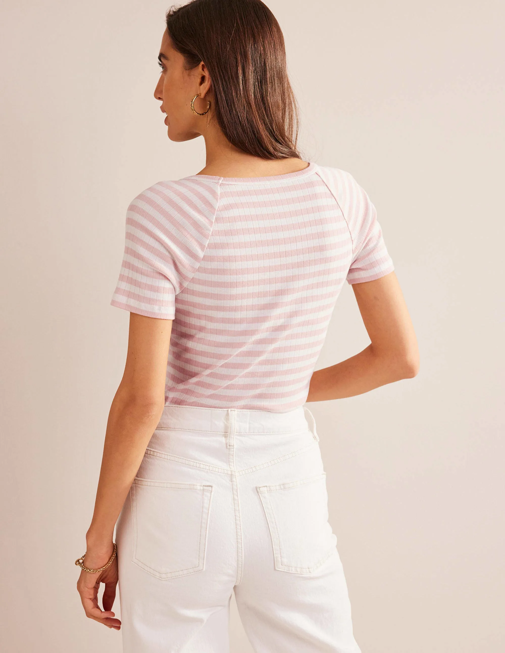 Anna Rib V-Neck T-Shirt-Ivory, Peach Skin Stripe
