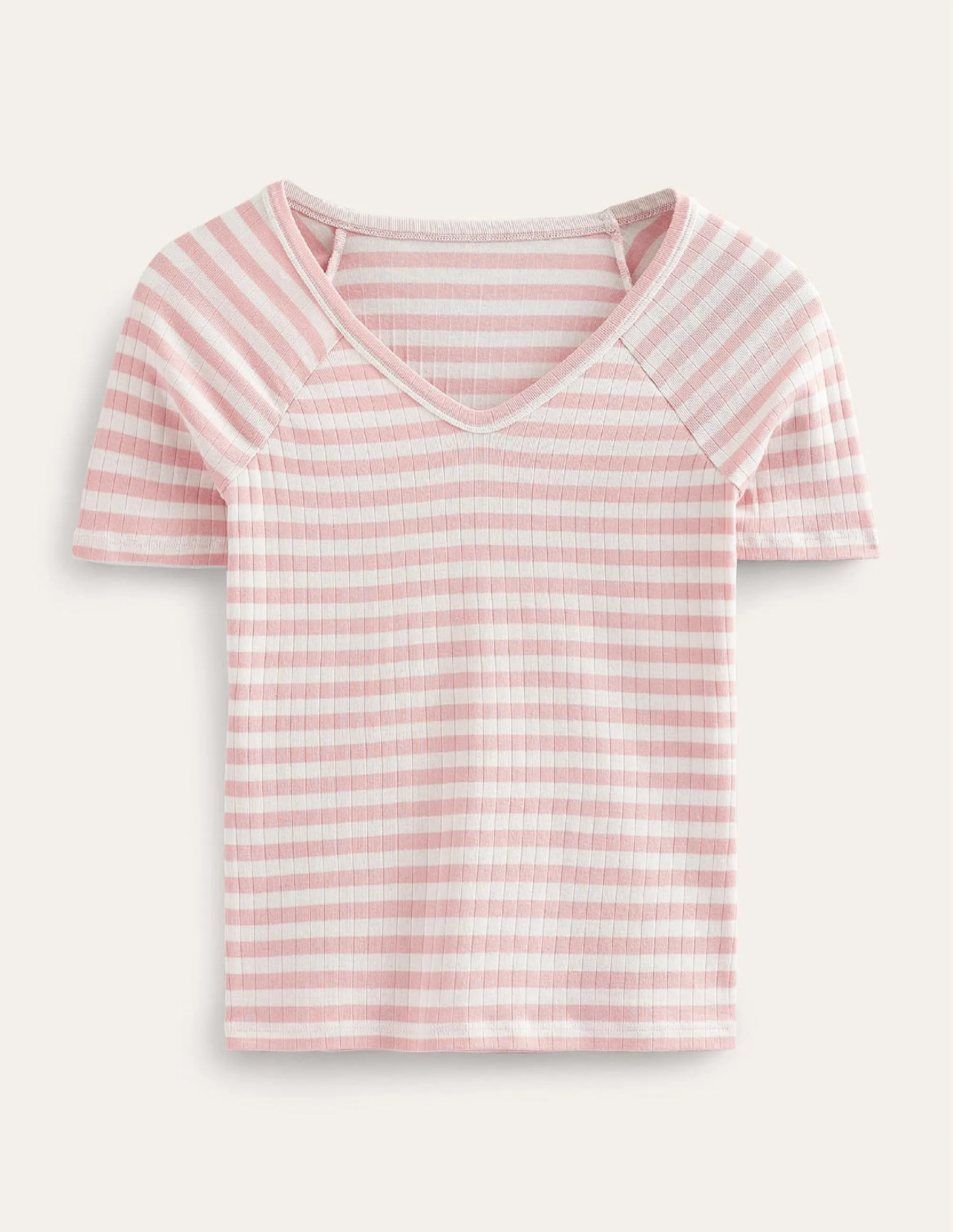 Anna Rib V-Neck T-Shirt-Ivory, Peach Skin Stripe