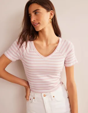 Anna Rib V-Neck T-Shirt-Ivory, Peach Skin Stripe