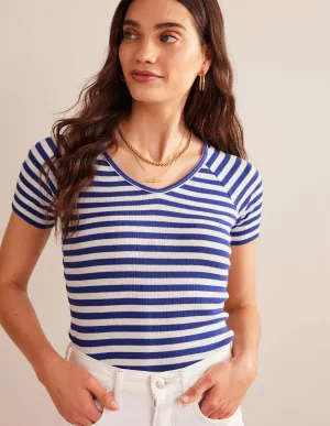 Anna Rib V-Neck T-Shirt-Lapis Blue, Ivory Stripe