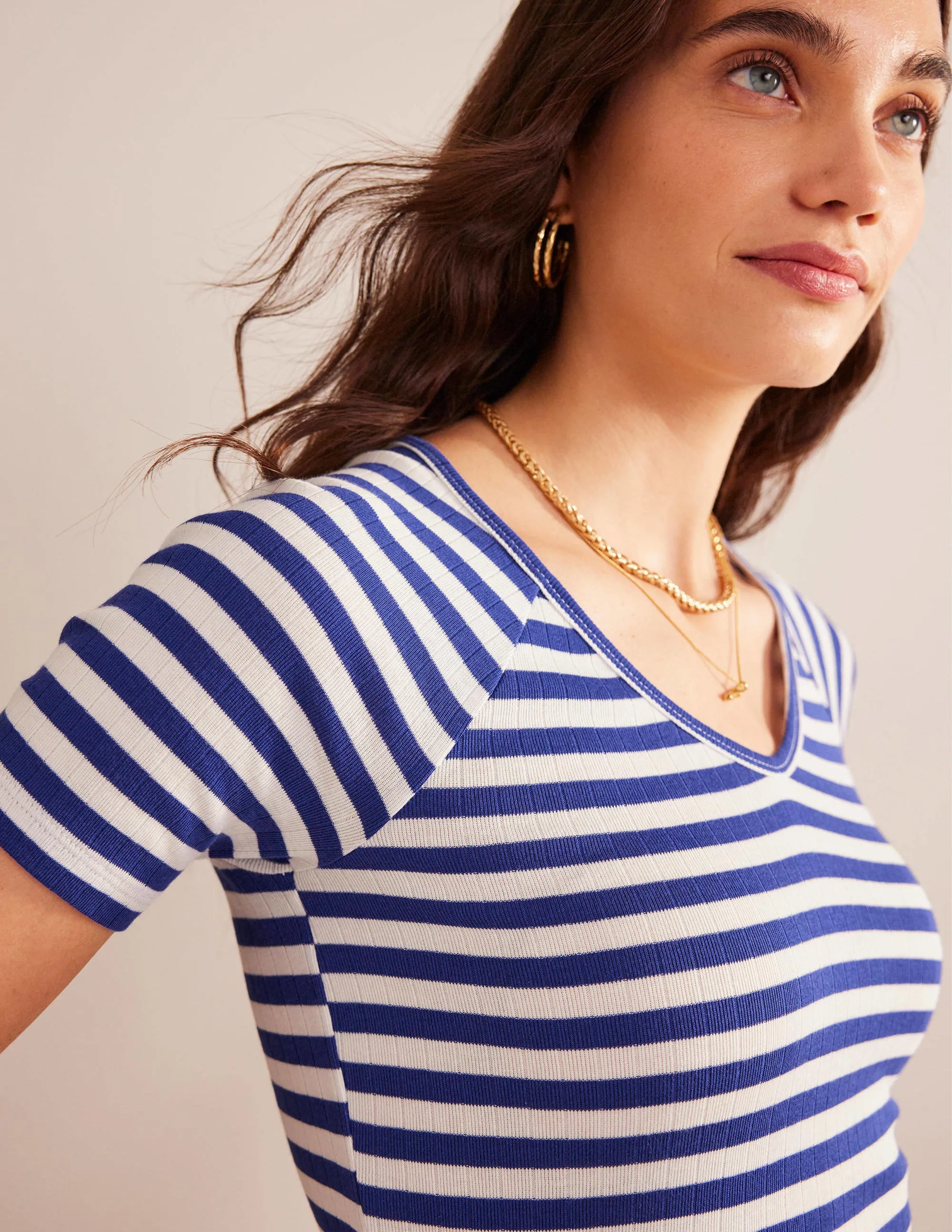 Anna Rib V-Neck T-Shirt-Lapis Blue, Ivory Stripe