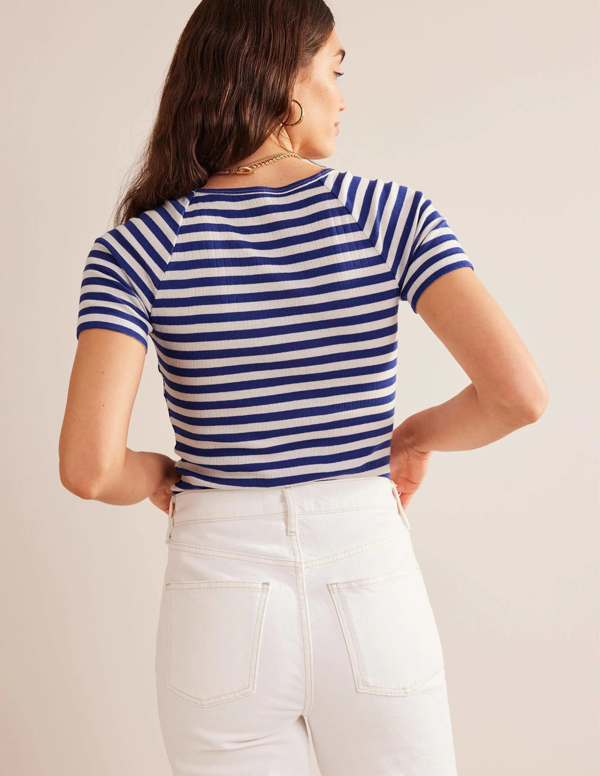 Anna Rib V-Neck T-Shirt-Lapis Blue, Ivory Stripe