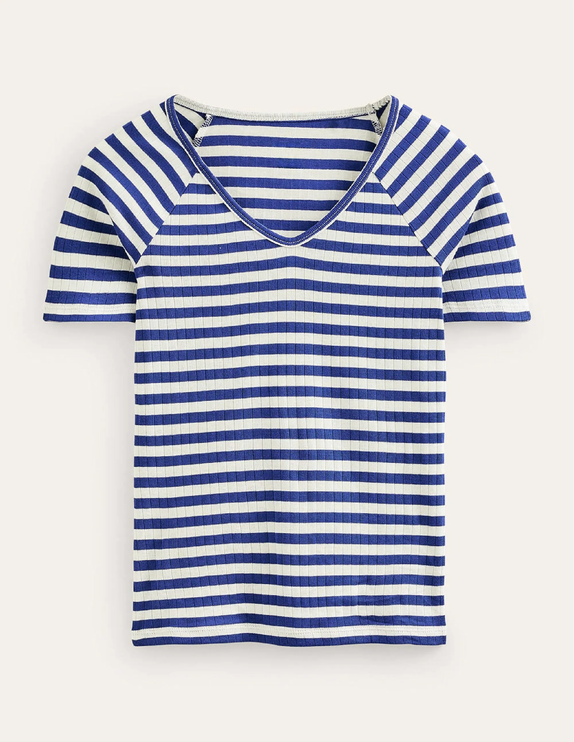 Anna Rib V-Neck T-Shirt-Lapis Blue, Ivory Stripe