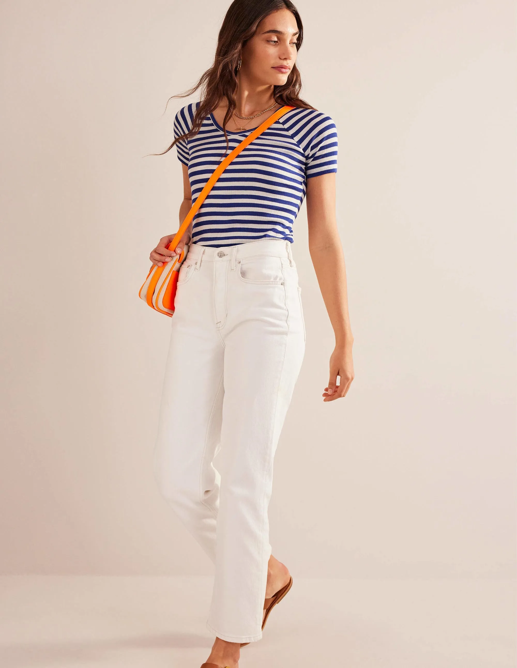 Anna Rib V-Neck T-Shirt-Lapis Blue, Ivory Stripe