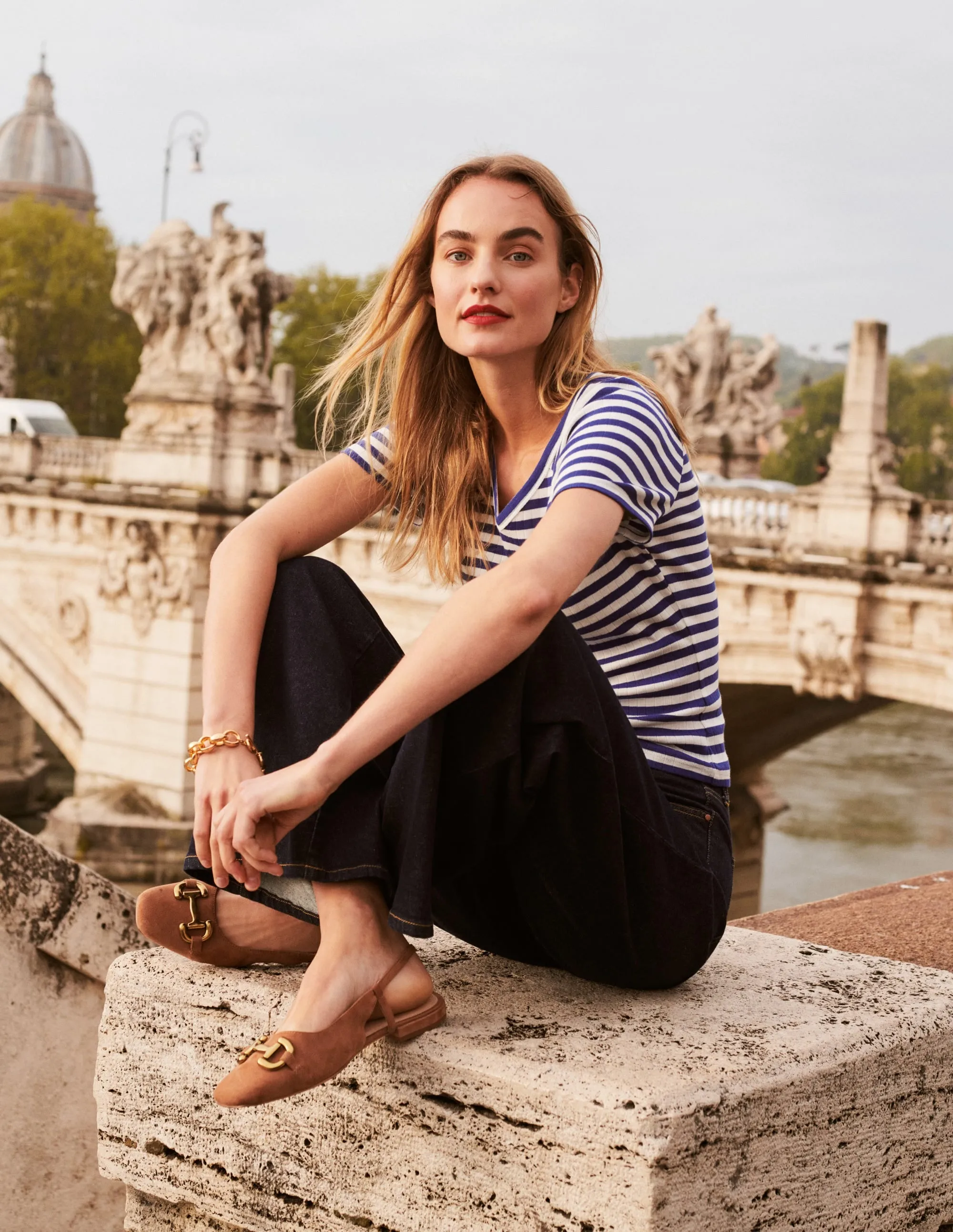 Anna Rib V-Neck T-Shirt-Lapis Blue, Ivory Stripe