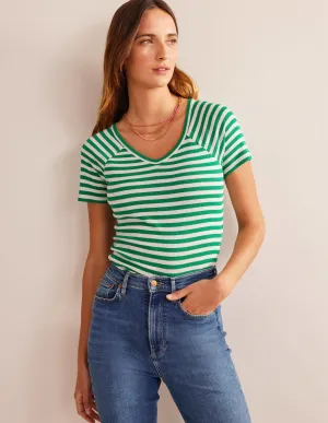 Anna Rib V-Neck T-Shirt-Meadow Green, Ivory Stripe