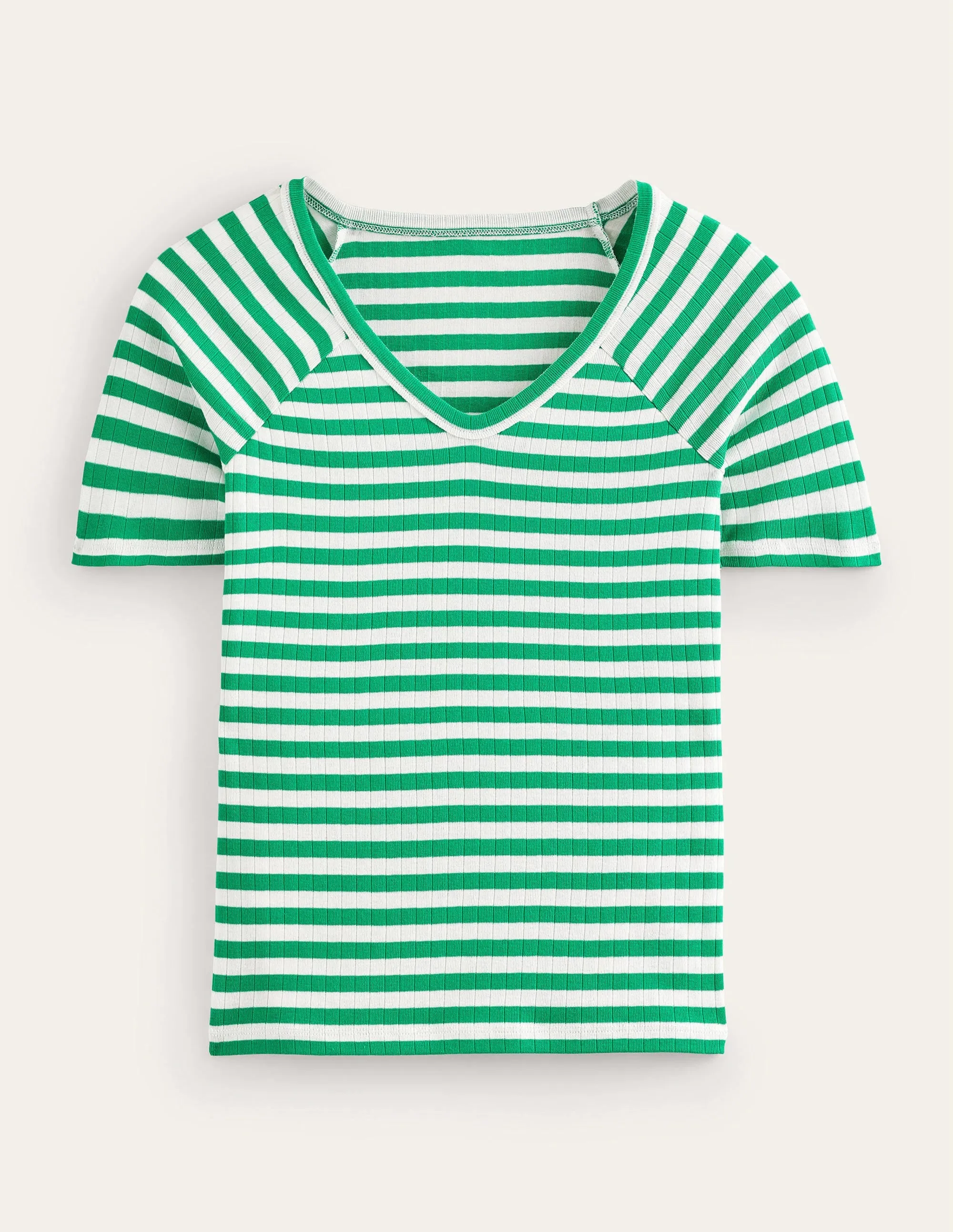 Anna Rib V-Neck T-Shirt-Meadow Green, Ivory Stripe