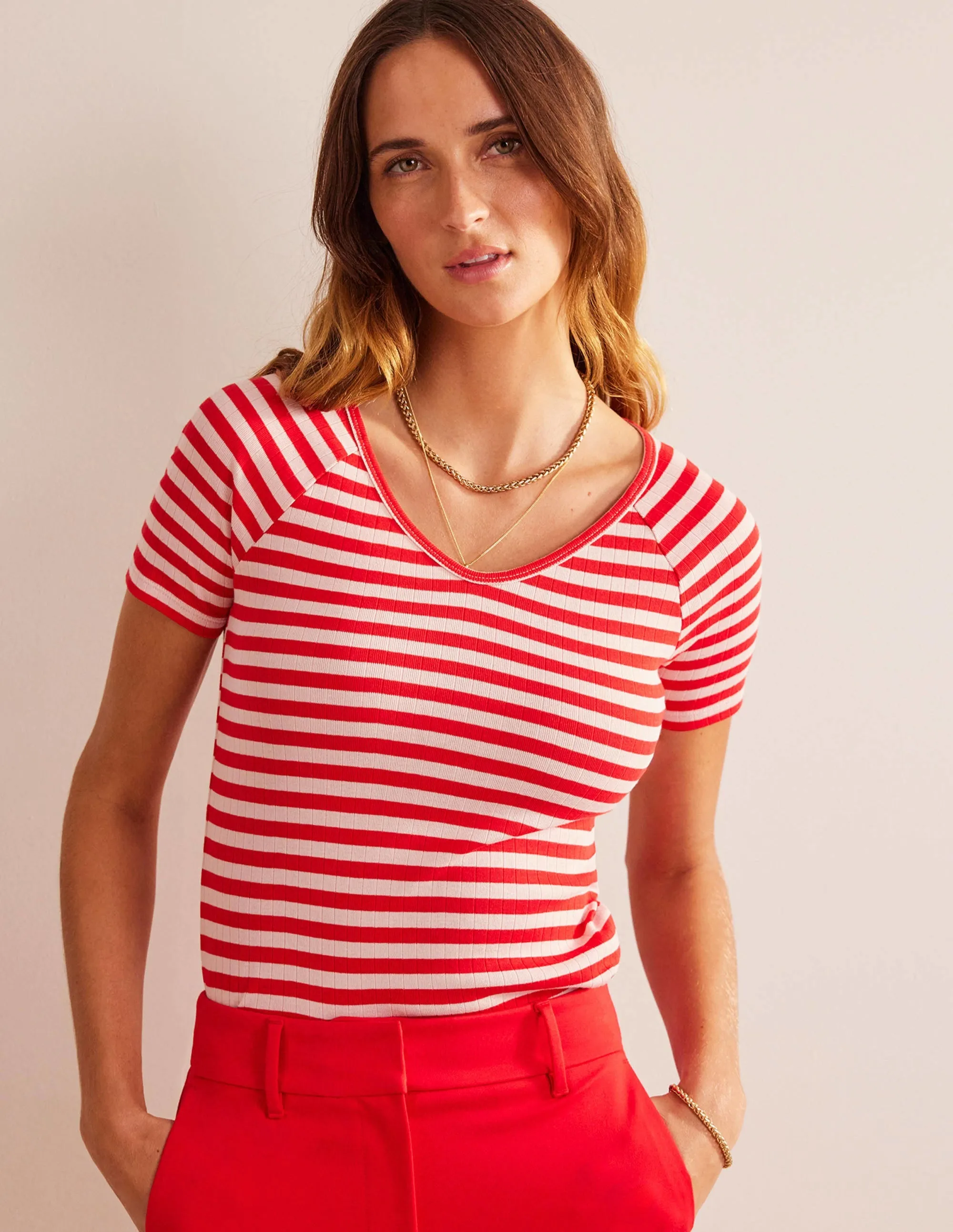 Anna Rib V-Neck T-Shirt-Peach Skin, Hot Pepper Stripe