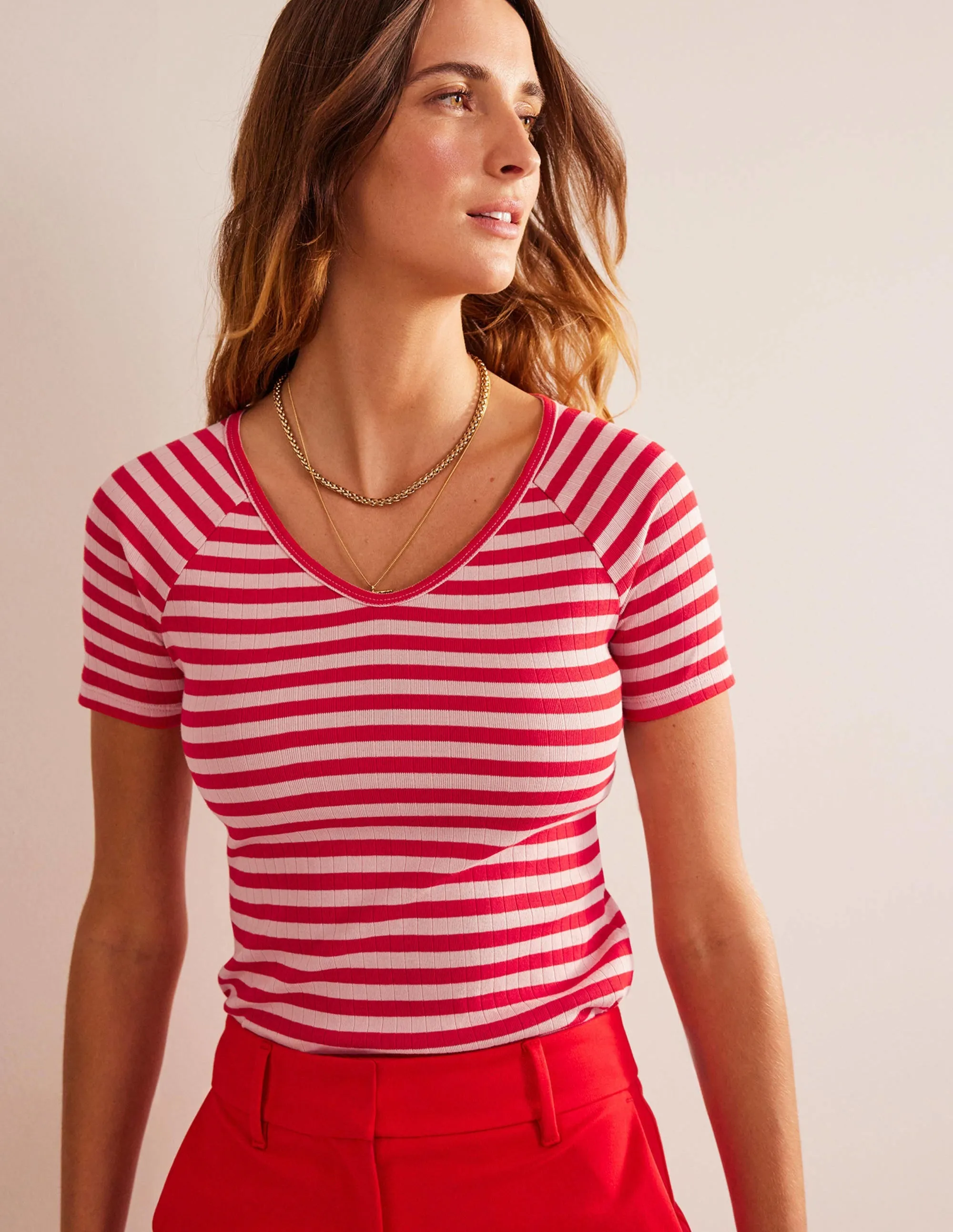 Anna Rib V-Neck T-Shirt-Peach Skin, Hot Pepper Stripe