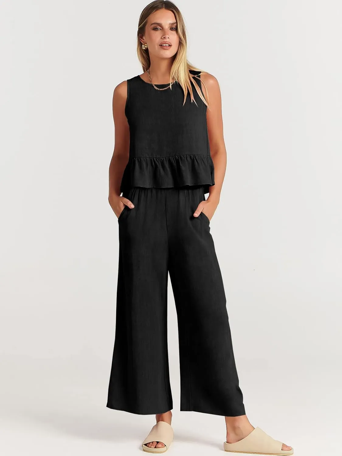 ANRABESS Women Summer 2 Piece Outfits Sleeveless Tank Crop Top Wide Leg Pants Linen Jumpsuits Lounge Matching Beach Sets