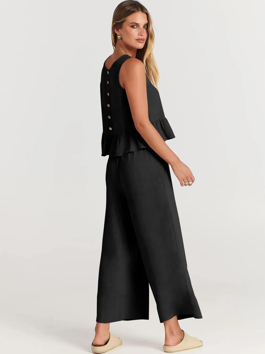 ANRABESS Women Summer 2 Piece Outfits Sleeveless Tank Crop Top Wide Leg Pants Linen Jumpsuits Lounge Matching Beach Sets