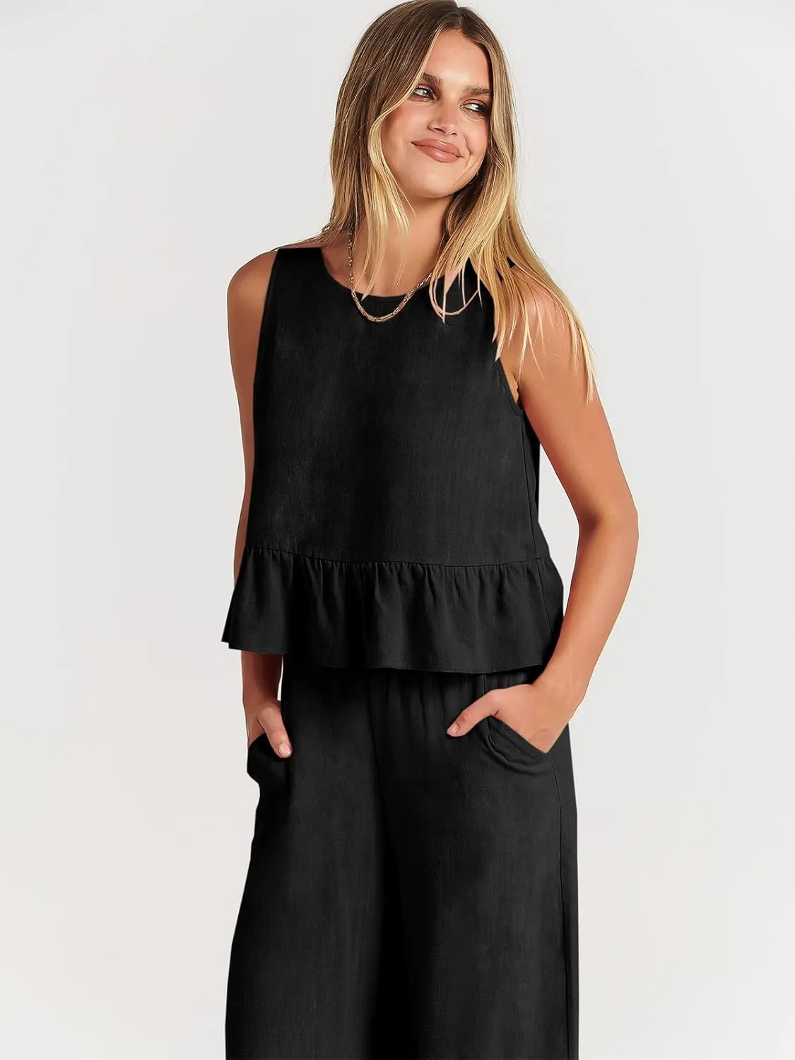 ANRABESS Women Summer 2 Piece Outfits Sleeveless Tank Crop Top Wide Leg Pants Linen Jumpsuits Lounge Matching Beach Sets