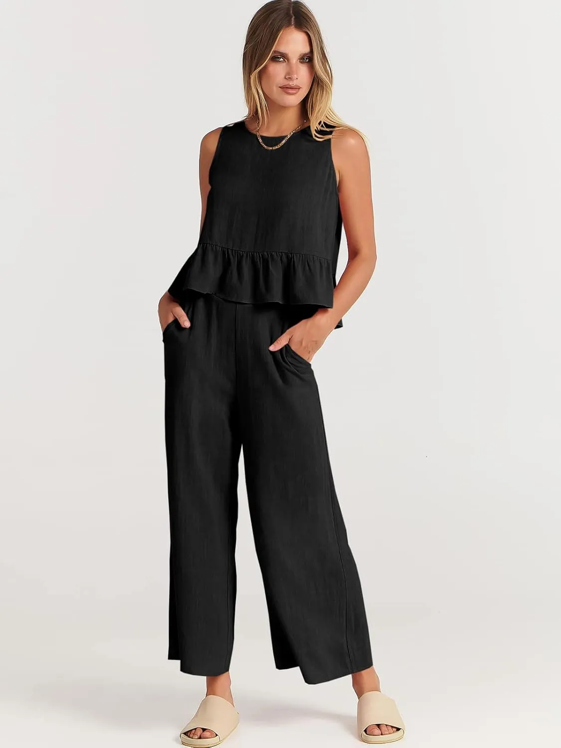ANRABESS Women Summer 2 Piece Outfits Sleeveless Tank Crop Top Wide Leg Pants Linen Jumpsuits Lounge Matching Beach Sets